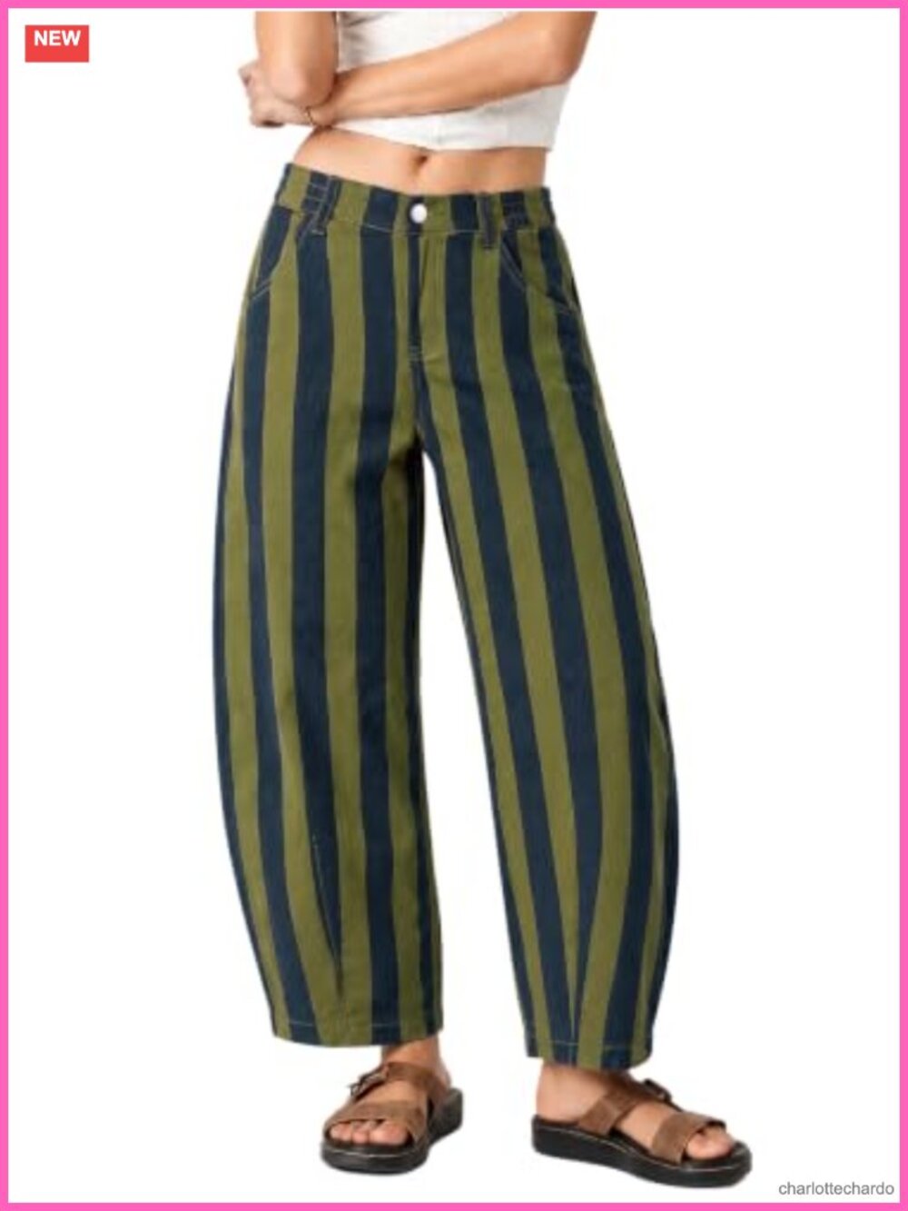 Striped Barrel Jeans High Rise Cropped Denim Pants Cotton Blend
